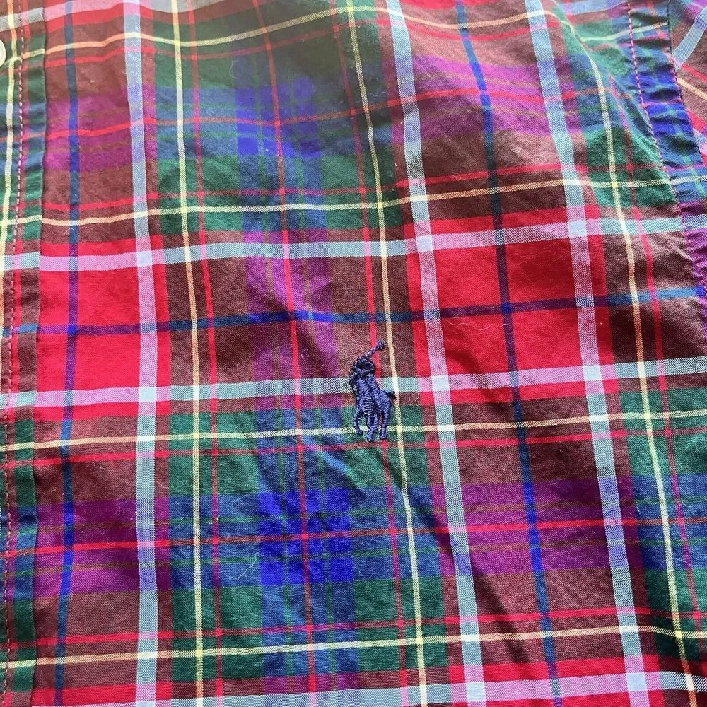 Ralph Lauren Red Green Purple Christmas Plaid Long Sleeve‎ Shirt Boys L 14-16